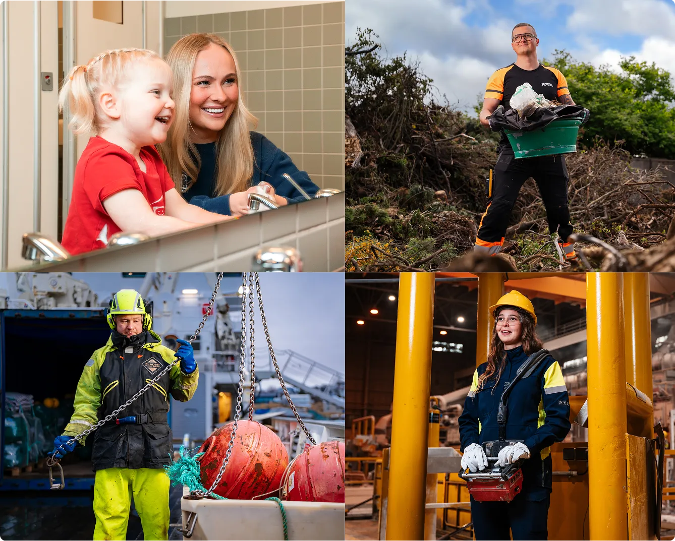 Fjórir sjóðfélagar Gildis við störf: á leikskóla, hjá Sorpu, á sjó og í álveri