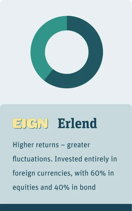 Eign – Erlend. Higher returns – greater fluctuations. Invested entirely in foreign currencies, with 60% in equities and 40% in bonds.